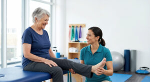 Physical therapist assessing mobility after an accident-related injury