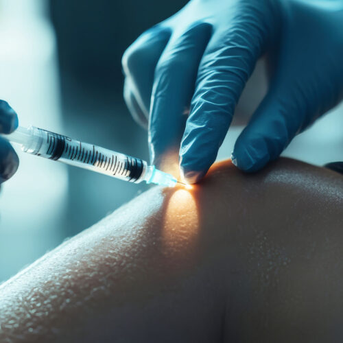 A medical provider administers an injection to a patient's knee because of musculoskeletal pain.