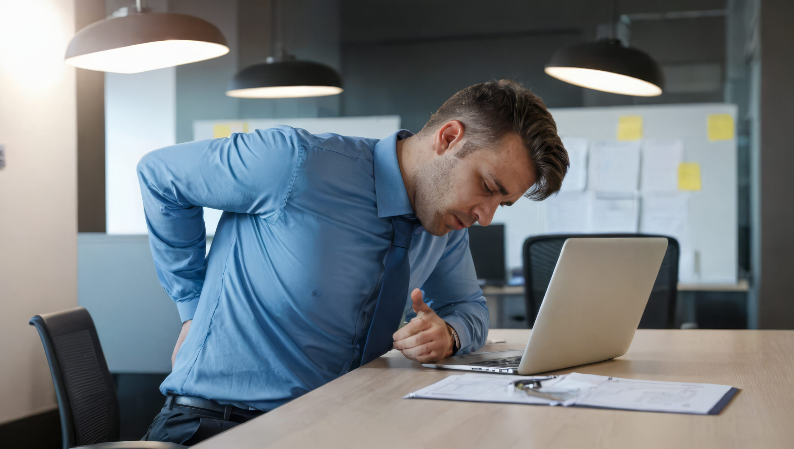 Office worker experiencing lower back pain while seated at a desk, highlighting musculoskeletal pain from poor posture, prolonged sitting, or lack of ergonomic support.