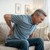 Man holding lower back from sciatica pain, showing common symptoms and treatment areas.
