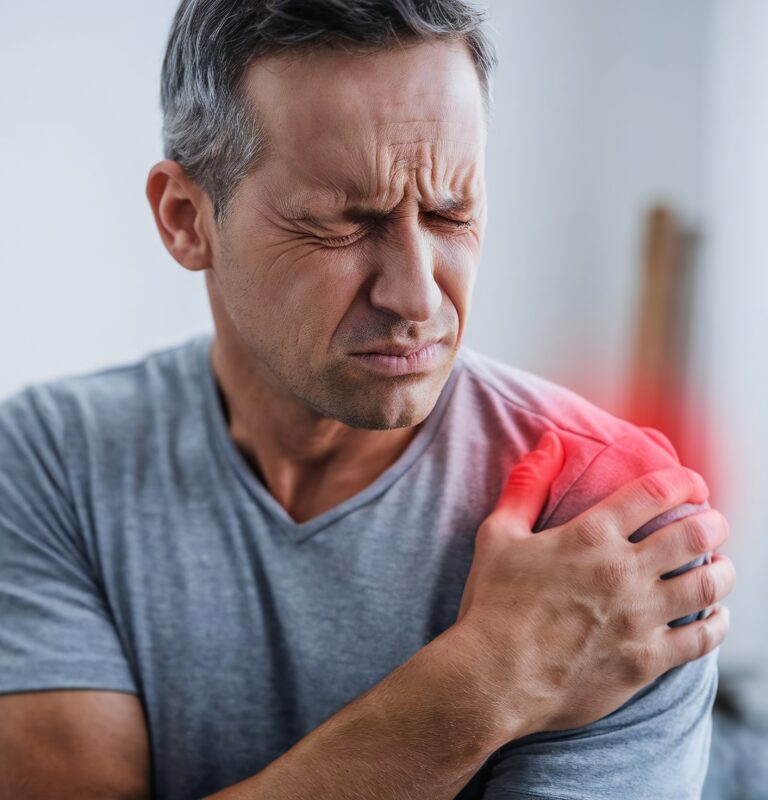 Middle-aged man sitting at home holding his shoulder, showing signs of shoulder blade pain.