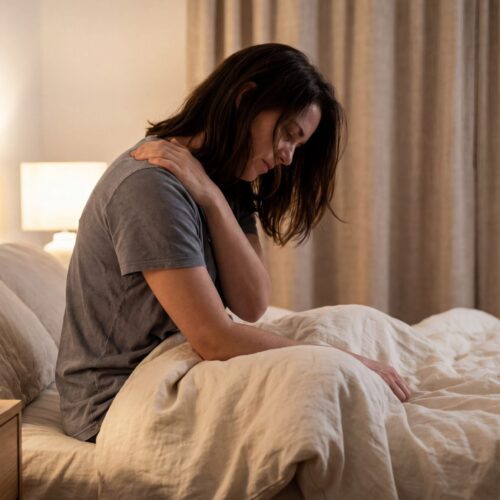 Young woman sitting on a bed holding her shoulder blade in pain.