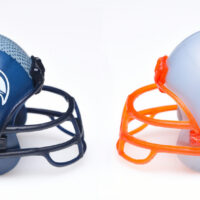 IRVINE, CALIFORNIA - 26 JAN 2026: Football helmets of the Seattle Seahwwks and the New England Patriots, opponents in Super Bowl LX .