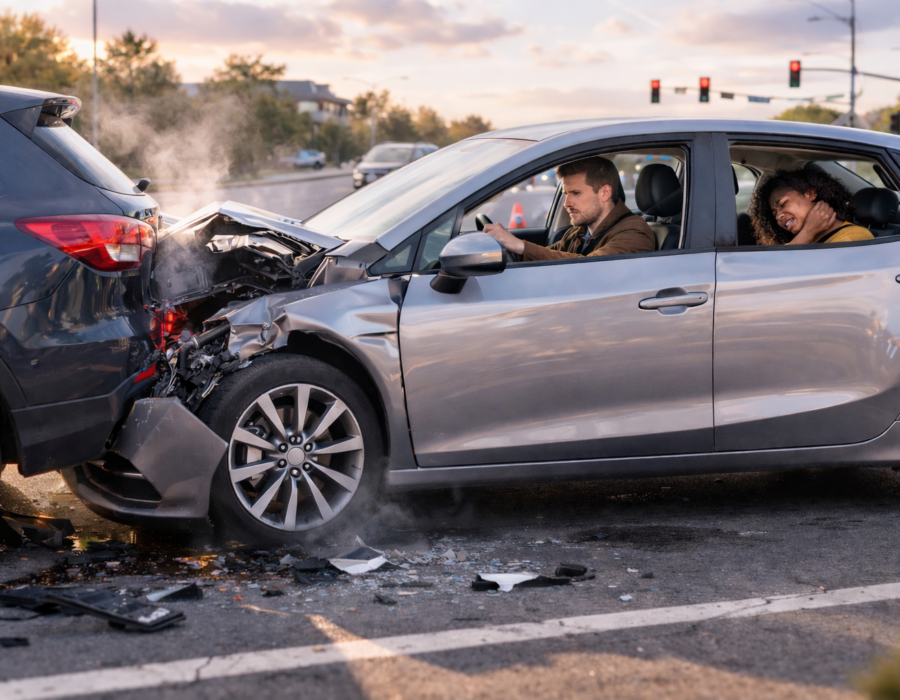Back seat passenger holding her neck after a rideshare accident involving a rear-end car collision.