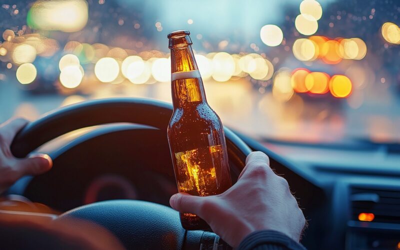 Hands of an intoxicated driver holding a beer bottle close up on the steering wheel Intoxicated driver holding a beer bottle while behind the wheel in traffic, illustrating the danger of impaired driving accidents.