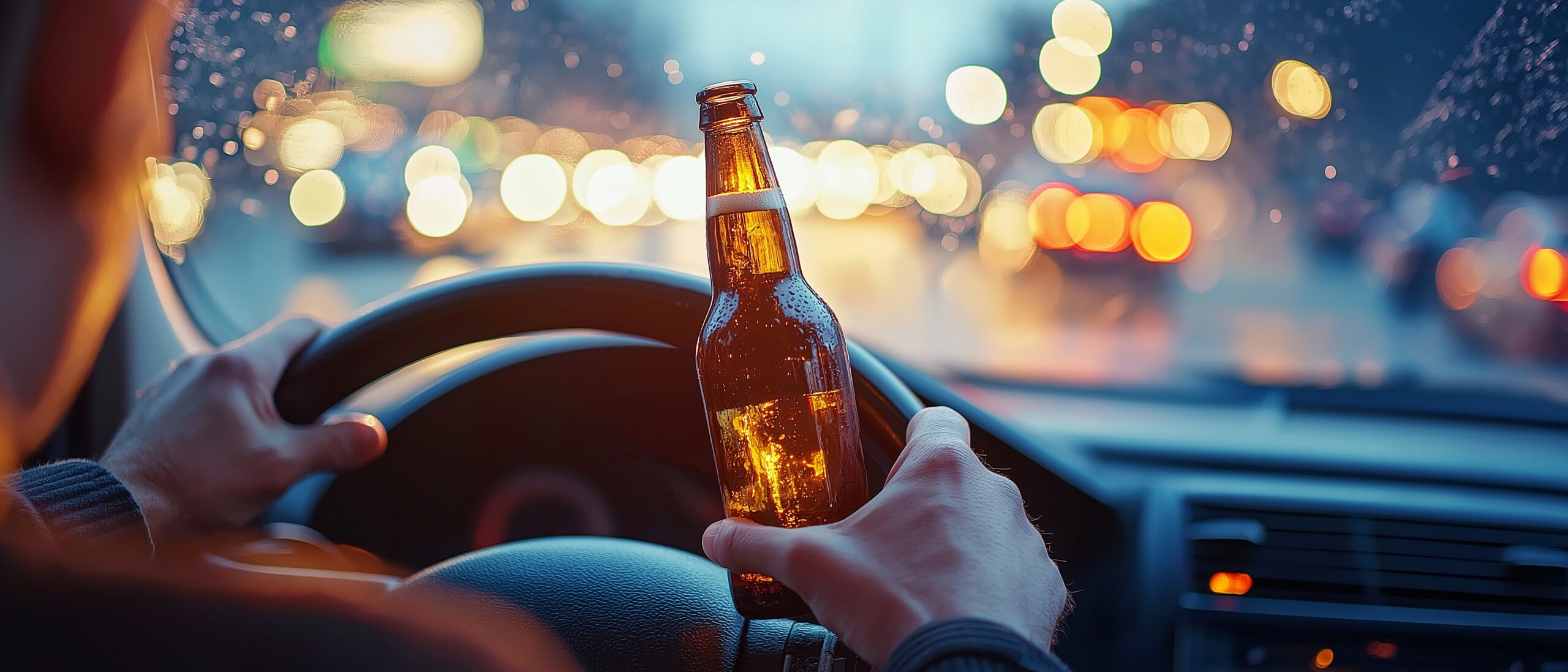 Intoxicated driver holding a beer bottle while behind the wheel in traffic, illustrating the danger of impaired driving accidents.
