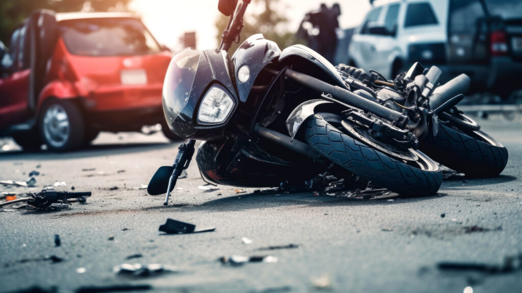 Damaged motorcycle lying on its side after a motorcycle accident on a roadway.