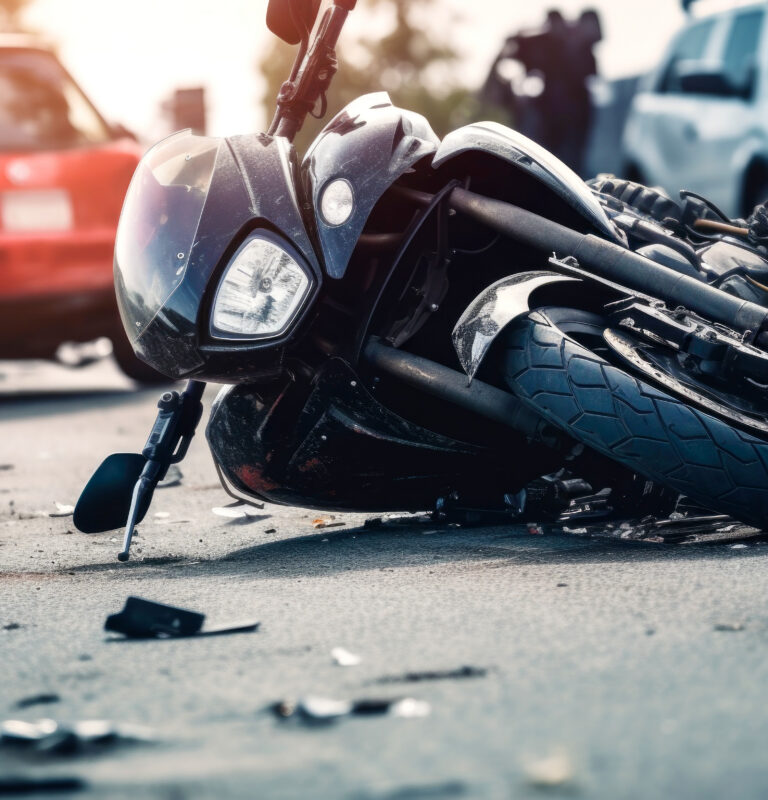 Damaged motorcycle lying on its side after a motorcycle accident on a roadway.