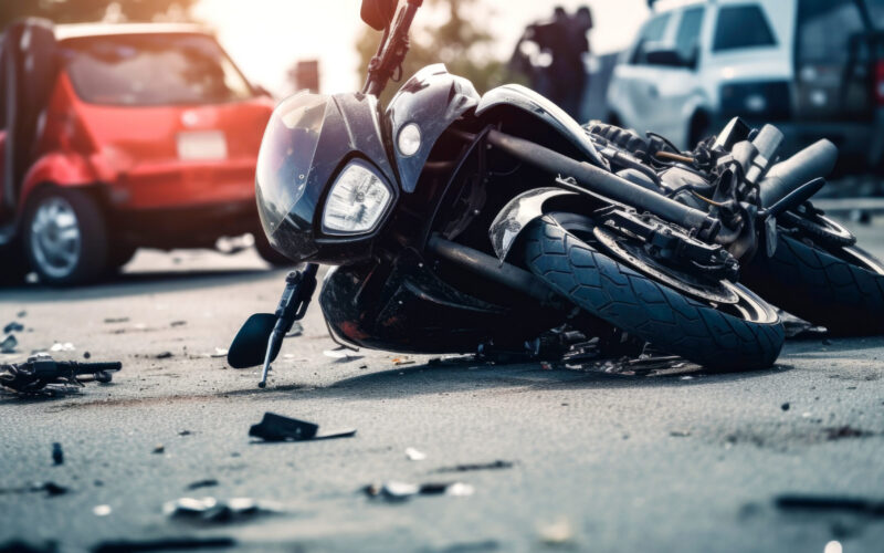 Damaged motorcycle lying on its side after a motorcycle accident on a roadway.