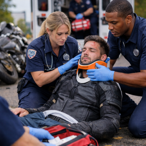 motorcycle accident2 Emergency medical responders providing care to a motorcyclist injured in a motorcycle accident on a roadway