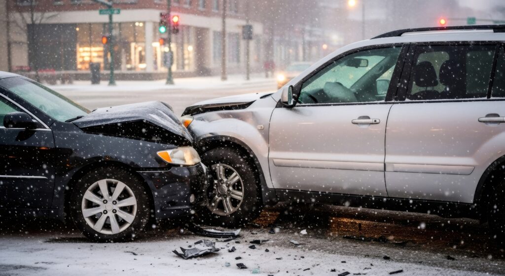 Two vehicles damaged after a snow car accident caused by icy winter road conditions.