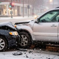 Two vehicles damaged after a snow car accident caused by icy winter road conditions.