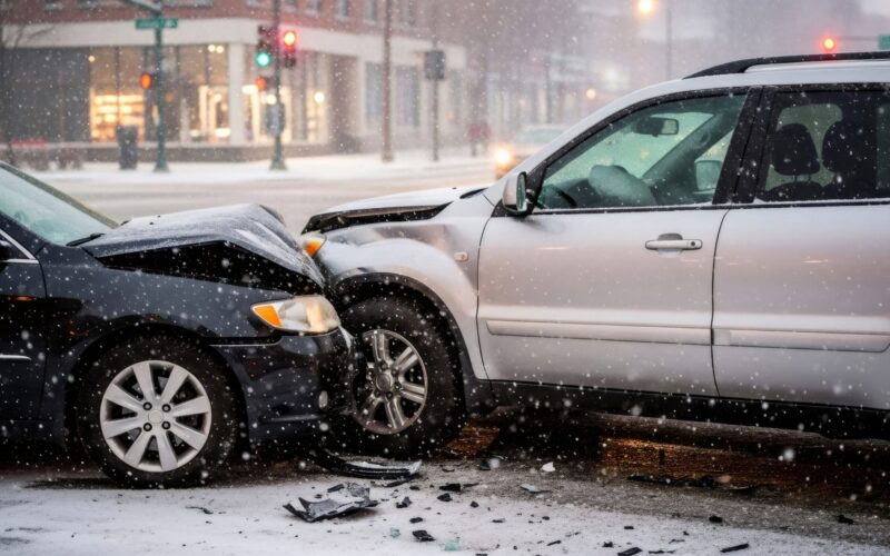 Two vehicles damaged after a snow car accident caused by icy winter road conditions.