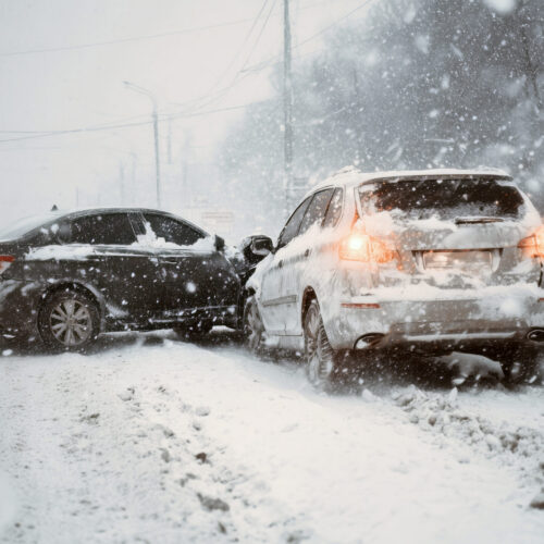 Two cars involved in a collision due to loss of visibility during snowy winter weather