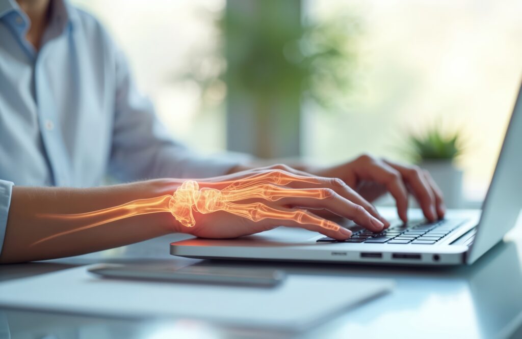 Person typing on laptop with wrist pain highlighted, illustrating carpal tunnel syndrome and repetitive strain injury