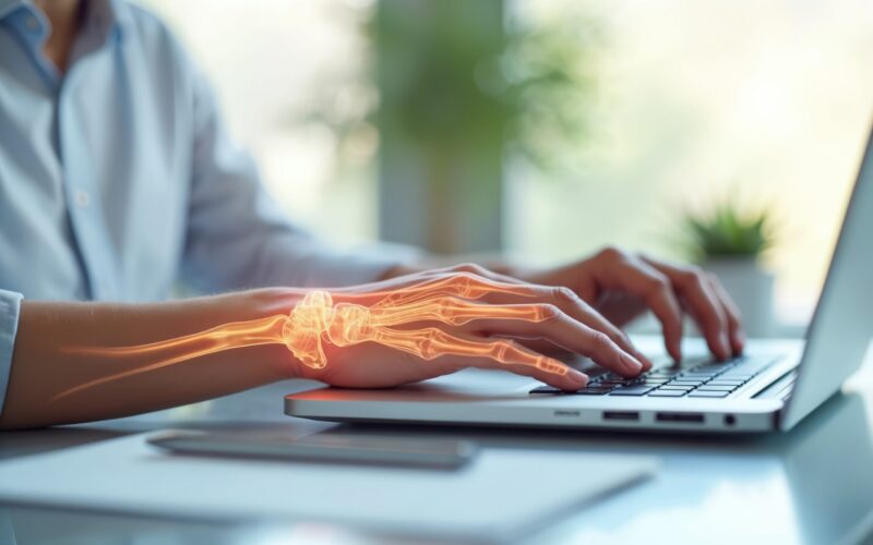 Person typing on laptop with wrist pain highlighted, illustrating carpal tunnel syndrome and repetitive strain injury