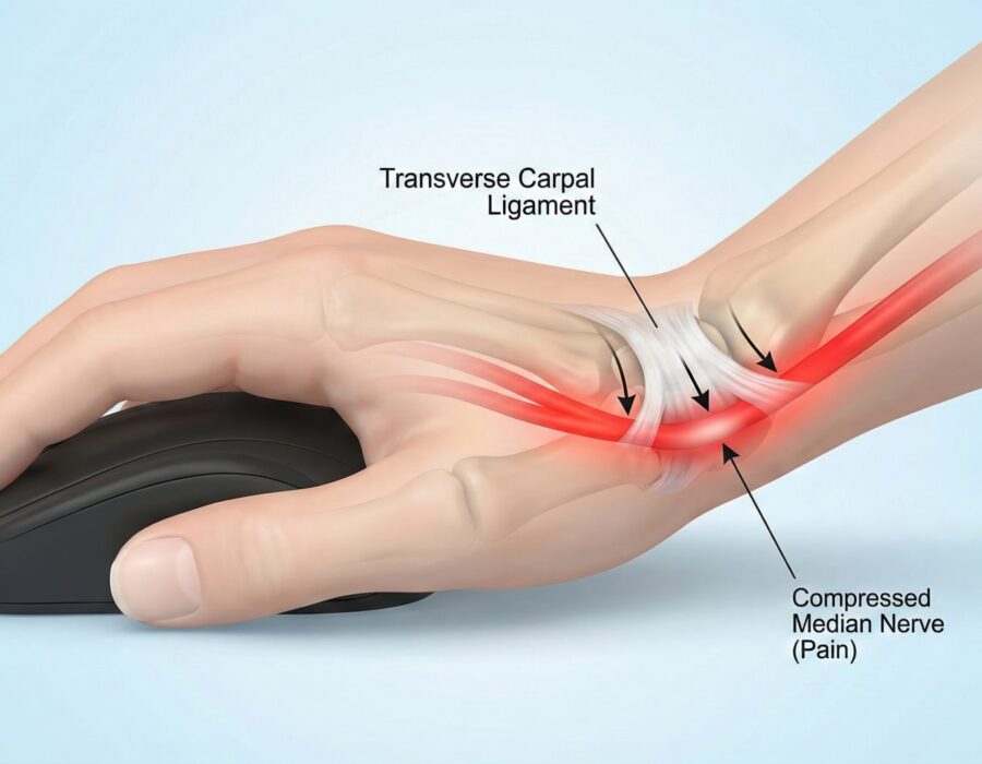 Diagram of hand using computer mouse with highlighted wrist, showing carpal tunnel syndrome and nerve compression.