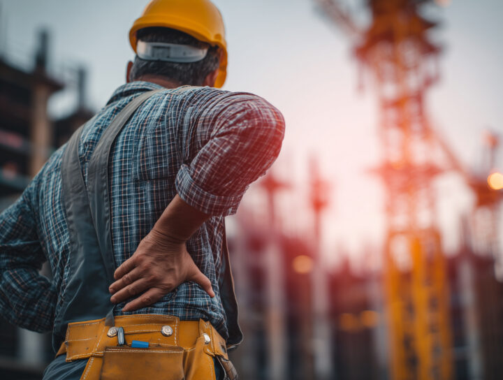 Construction worker holding his lower back in pain at a job site, representing back pain after a construction injury.