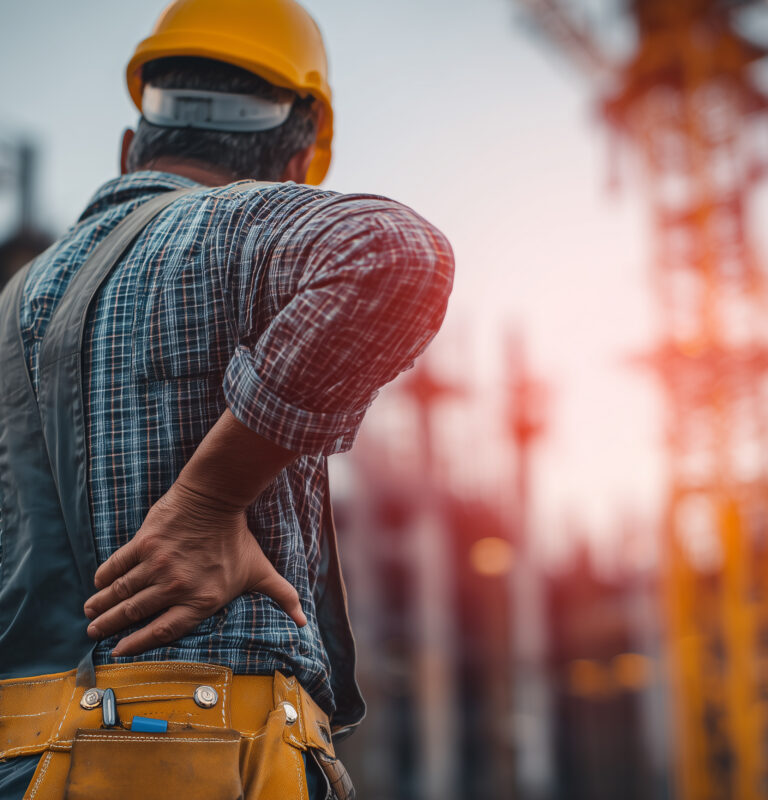 Construction worker holding his lower back in pain at a job site, representing back pain after a construction injury.