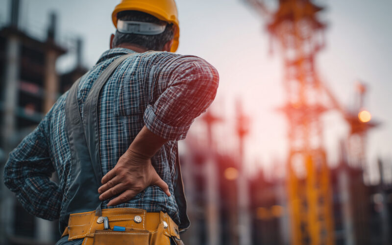 Construction worker holding his lower back in pain at a job site, representing back pain after a construction injury.