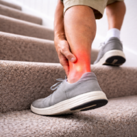 Person walking up carpeted stairs while holding their ankle, illustrating ankle pain or ankle cracking during movement.