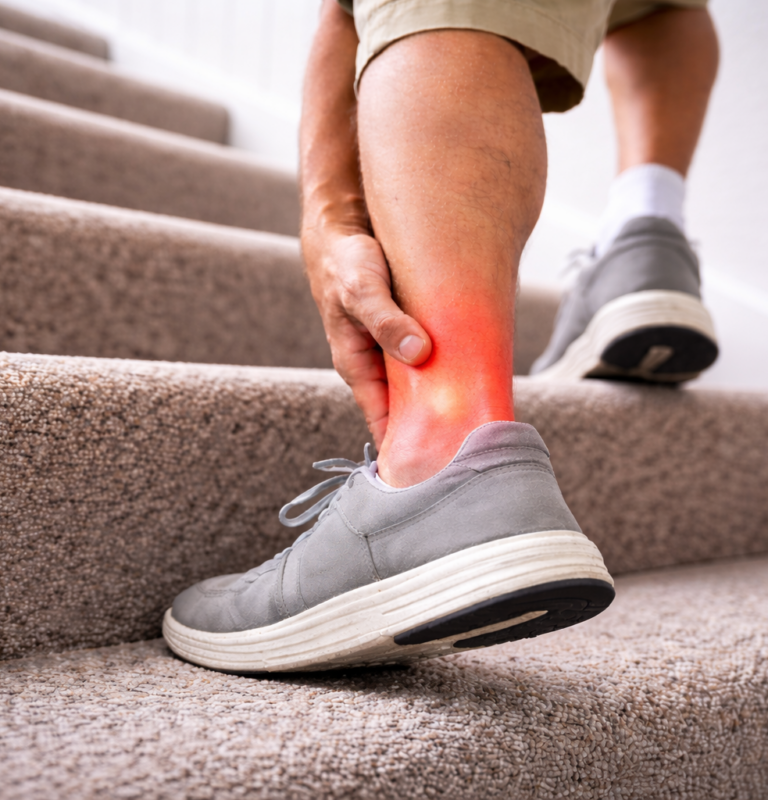 Person walking up carpeted stairs while holding their ankle, illustrating ankle pain or ankle cracking during movement.