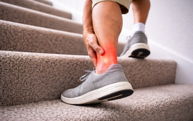 Person walking up carpeted stairs while holding their ankle, illustrating ankle pain or ankle cracking during movement.