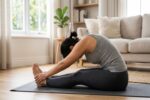 Person performing a stretching exercise on a yoga mat at home, illustrating flexibility and mobility training.