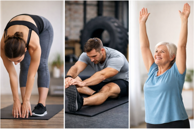 People doing flexibility exercises: touching toes, hamstring stretch, and arms overhead stretch.