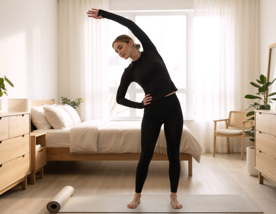 young woman stretching on a yoga mat at home as part of a safe and healthy daily exercise routine