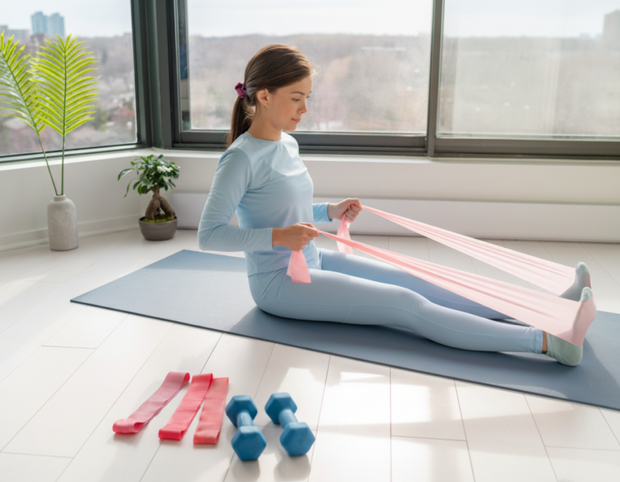 young woman using resistance band for low impact exercises at home as part of a safe daily exercise routine