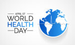 World Health Day graphic showing April 7 with a global map and heartbeat line symbolizing global health awareness.