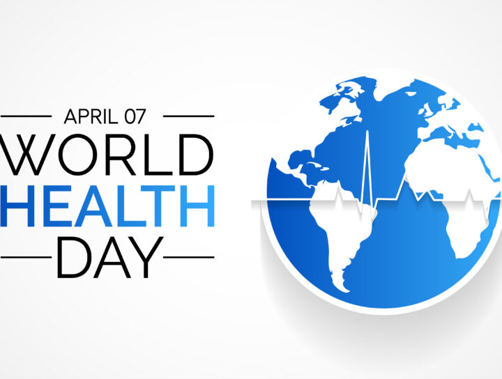 World Health Day graphic showing April 7 with a global map and heartbeat line symbolizing global health awareness.