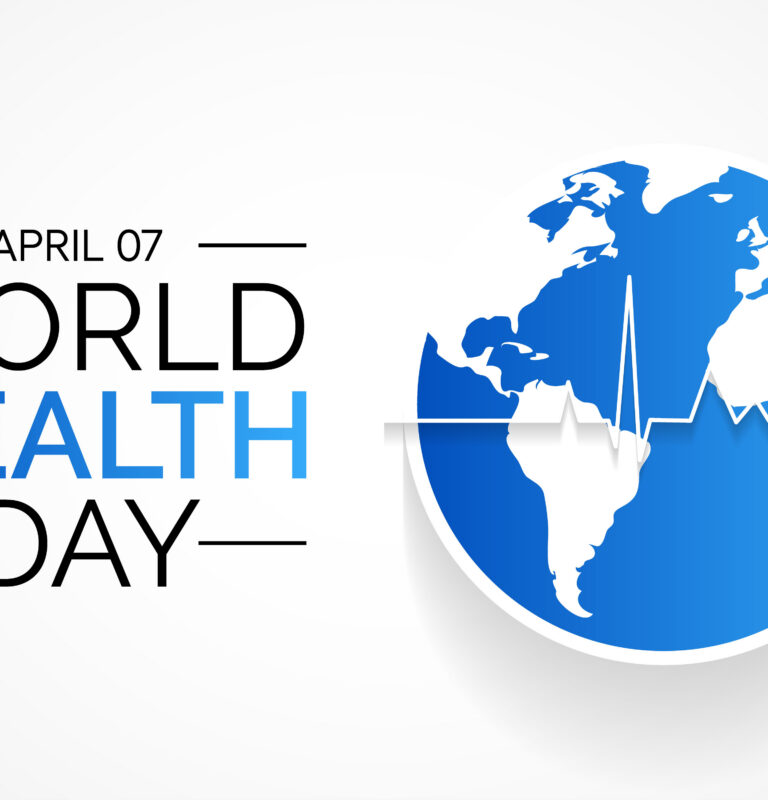 World Health Day graphic showing April 7 with a global map and heartbeat line symbolizing global health awareness.