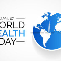 World Health Day graphic showing April 7 with a global map and heartbeat line symbolizing global health awareness.