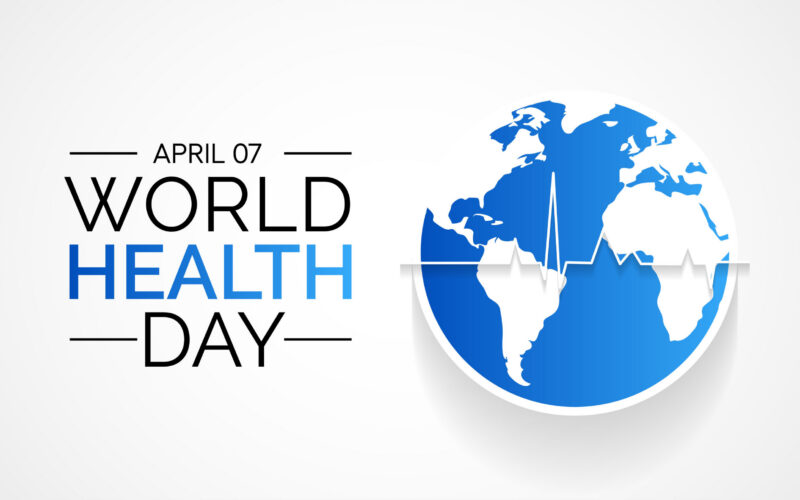 World Health Day graphic showing April 7 with a global map and heartbeat line symbolizing global health awareness.