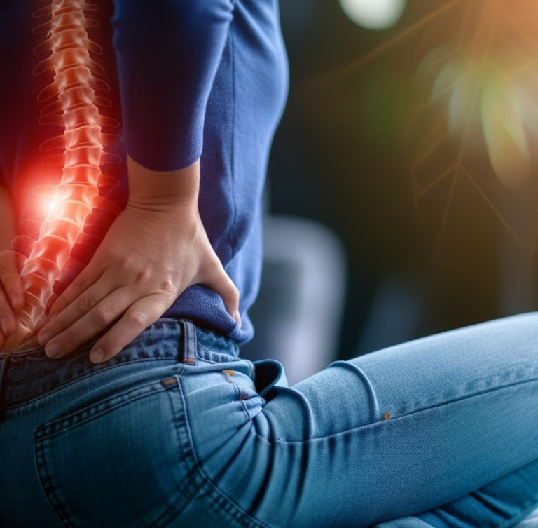 Person holding their lower back representing nerve-related back pain that may be treated with an epidural steroid injection.