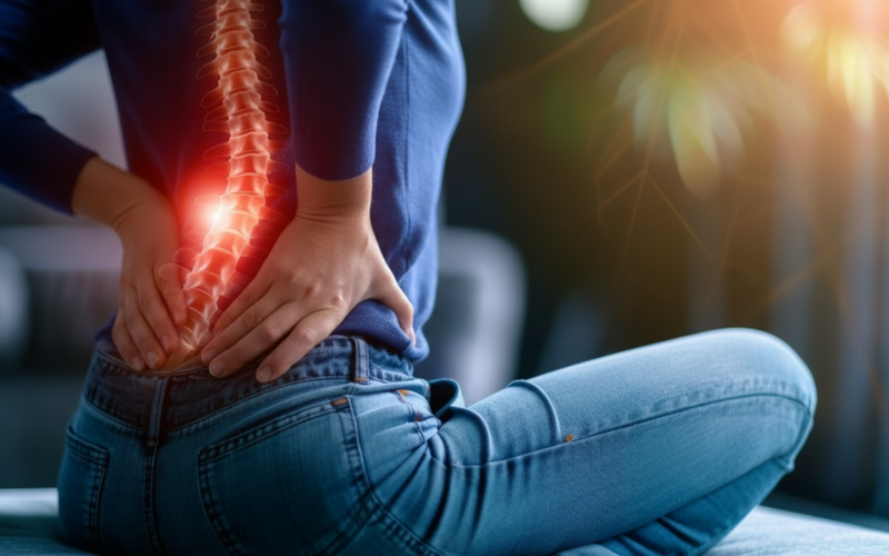 Person holding their lower back representing nerve-related back pain that may be treated with an epidural steroid injection.