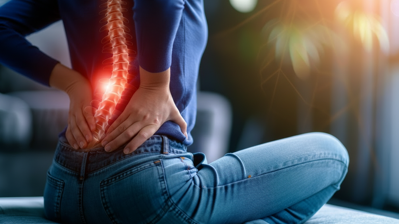 Person holding their lower back representing nerve-related back pain that may be treated with an epidural steroid injection.