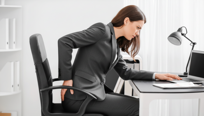 Office worker experiencing dead butt syndrome and lower back pain while sitting at desk