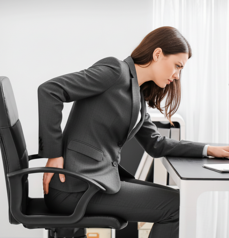 Office worker experiencing dead butt syndrome and lower back pain while sitting at desk