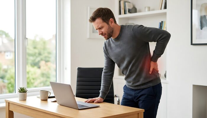 Desk worker experiencing lower back pain and hip discomfort associated with dead butt syndrome