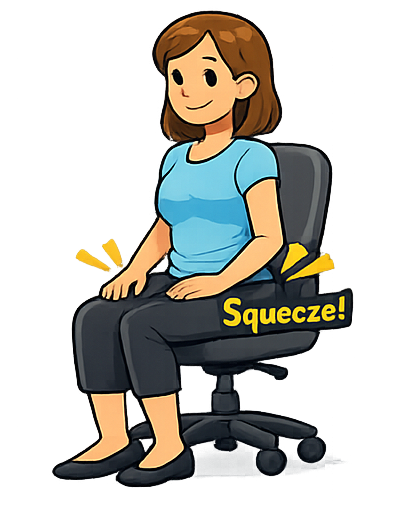 Woman sitting upright in a chair performing a seated glute squeeze exercise with hands resting on her thighs.