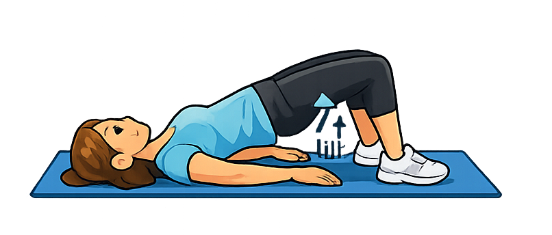 Woman lying on her back on a mat performing a glute bridge exercise with hips lifted and knees bent.