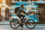 Man riding an ebike through a city street wearing a helmet and backpack with traffic blurred in the background