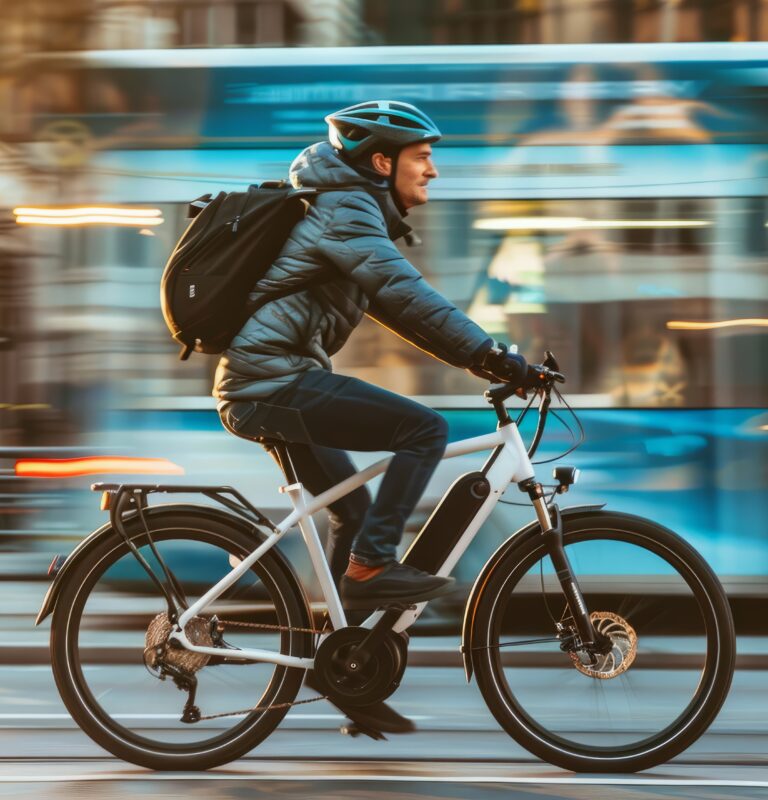 Man riding an ebike through a city street wearing a helmet and backpack with traffic blurred in the background
