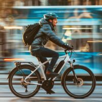Man riding an ebike through a city street wearing a helmet and backpack with traffic blurred in the background