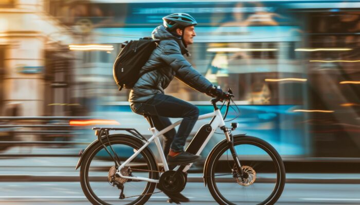 Man riding an ebike through a city street wearing a helmet and backpack with traffic blurred in the background