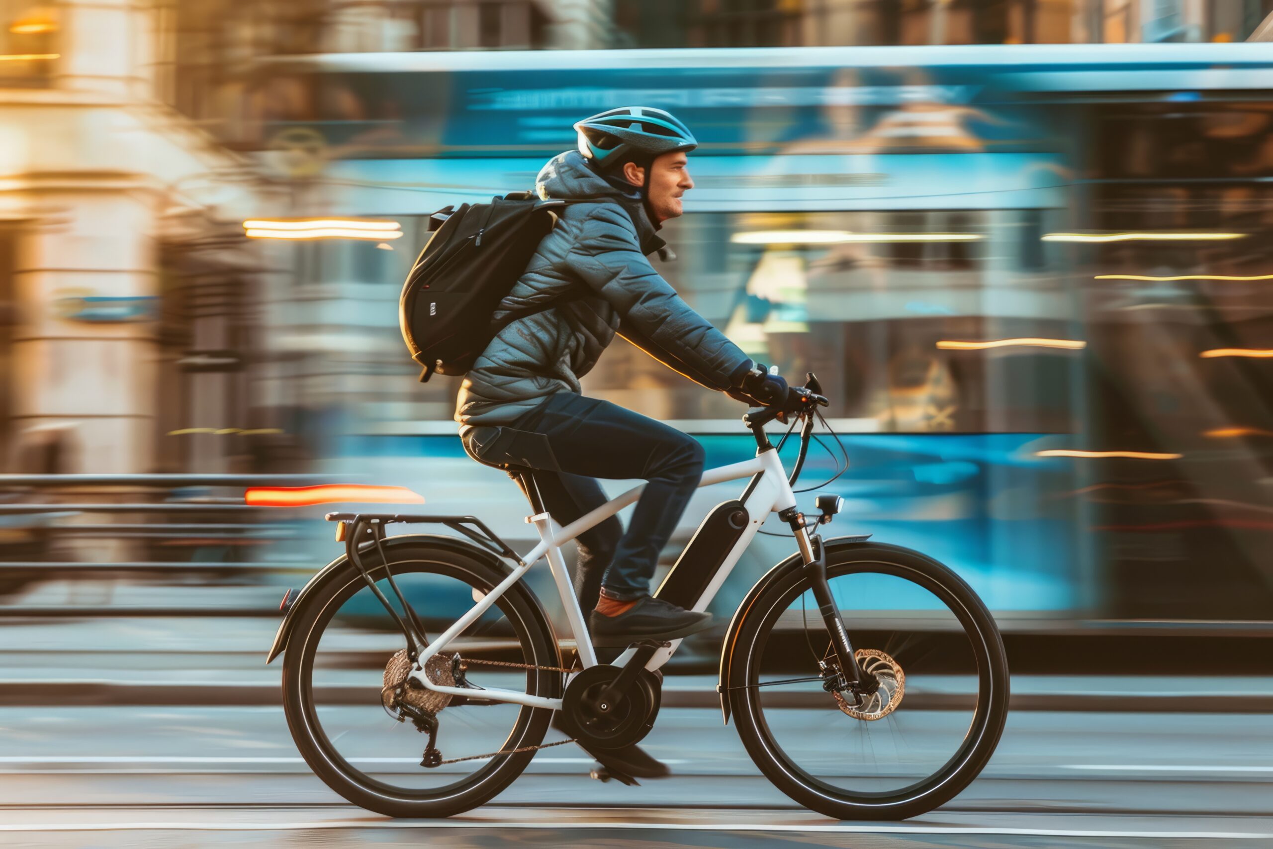 Man riding an ebike through a city street wearing a helmet and backpack with traffic blurred in the background