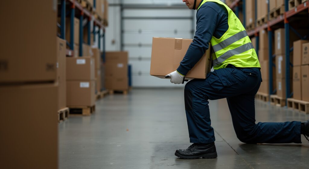 Warehouse worker using safe lifting technique while carrying a box to help reduce workplace back injury risks